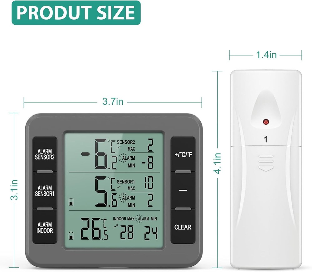 ORIA Refrigerator Thermometer, (New Version) Wireless Digital Freezer Grey