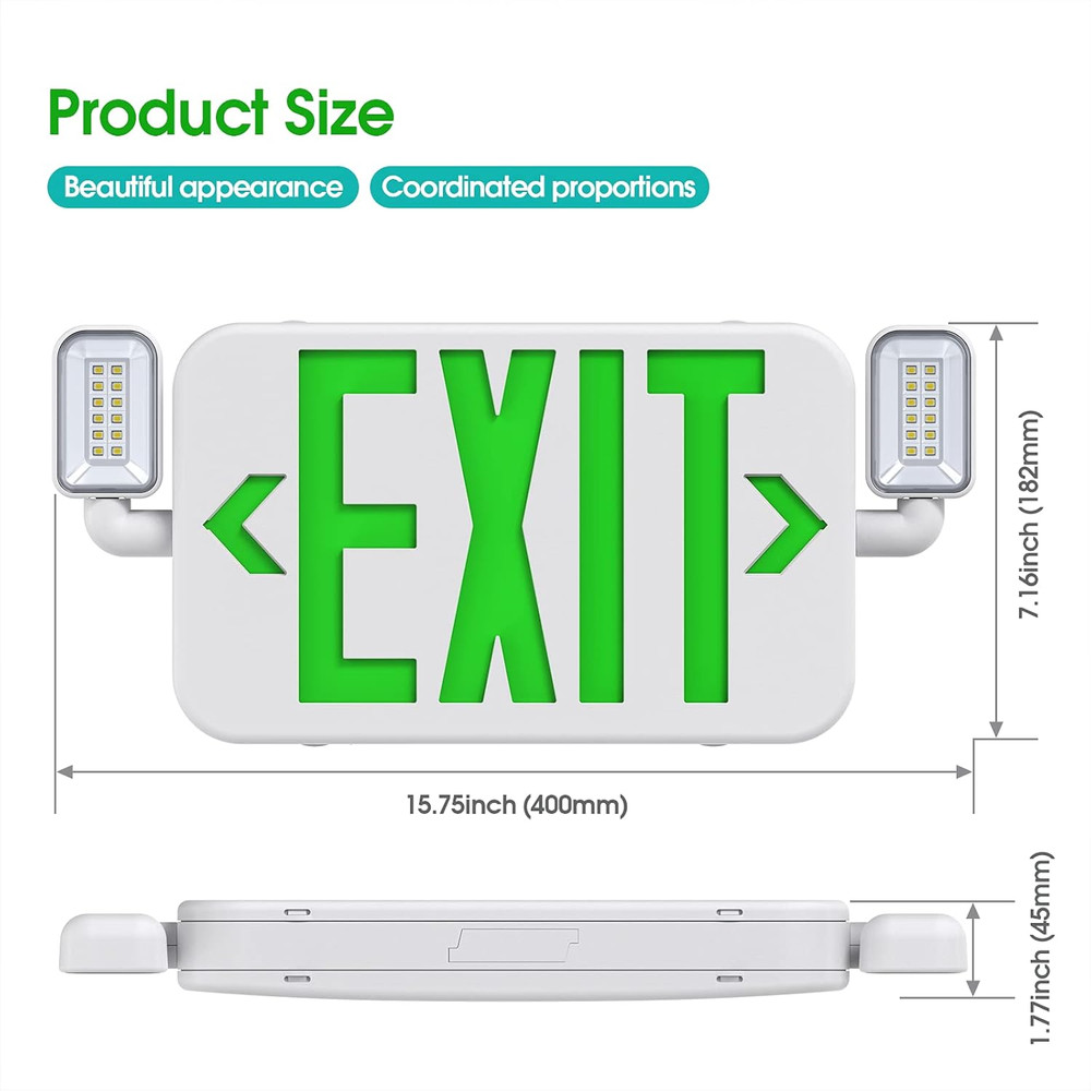 Led Combo Emergency Exit Sign Light with Two Adjustable Head Lights and Backup B