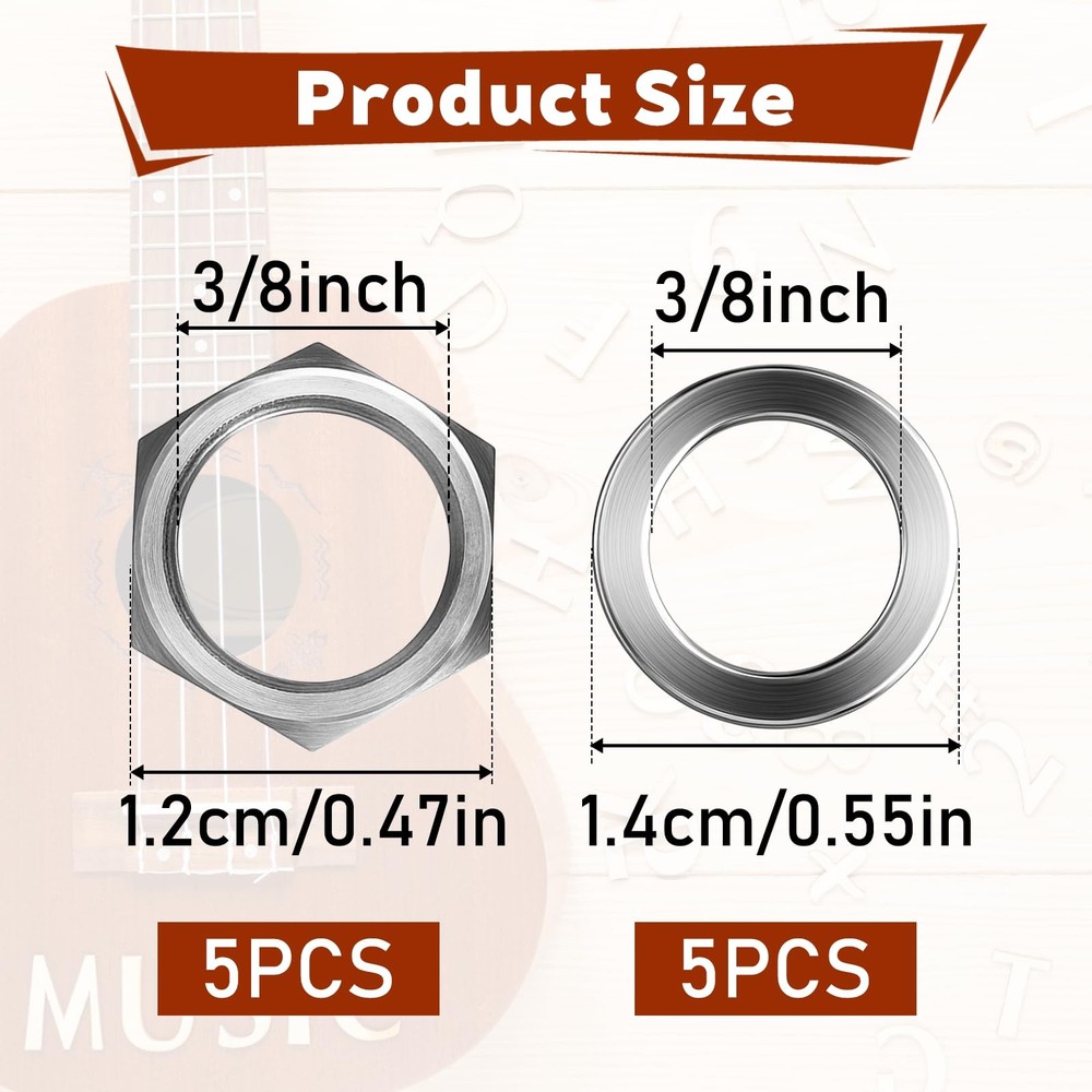 5 Sets Jack Socket Nut with Washer, 3/8" Silver Guitar Input Output silver