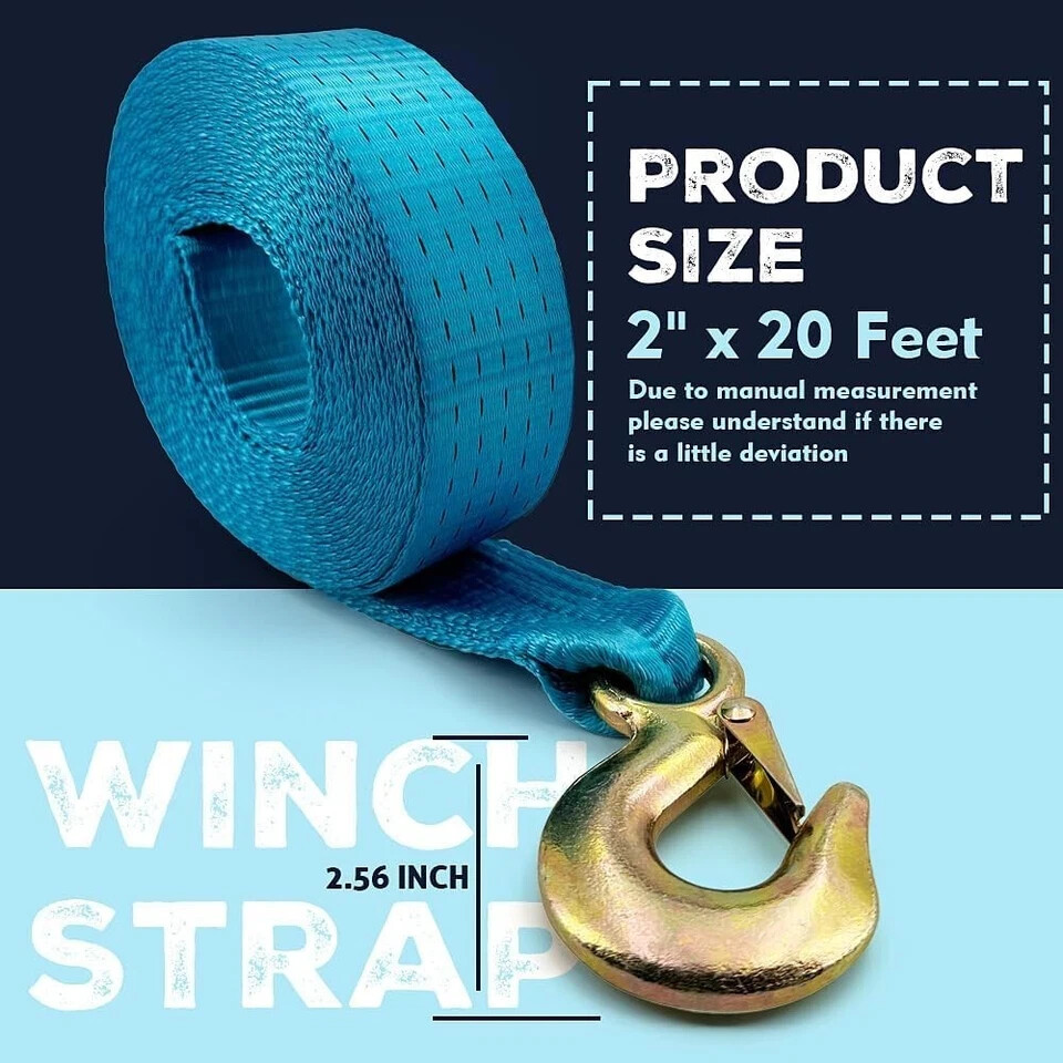 Boat Winch Strap with Hook Replacement 2" x 20 Feet-12000 Lbs Boat Winch Strap