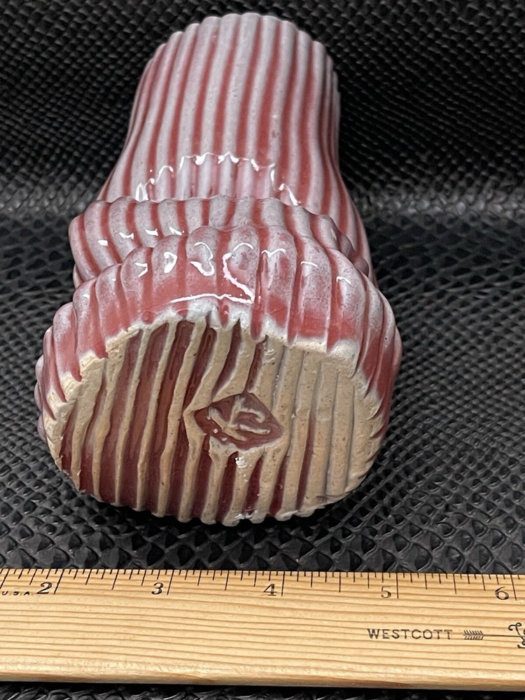 VTG Modernist Free Form Ruby Candy Stripe Glazed Ceramic Vase Signed 6" Tall