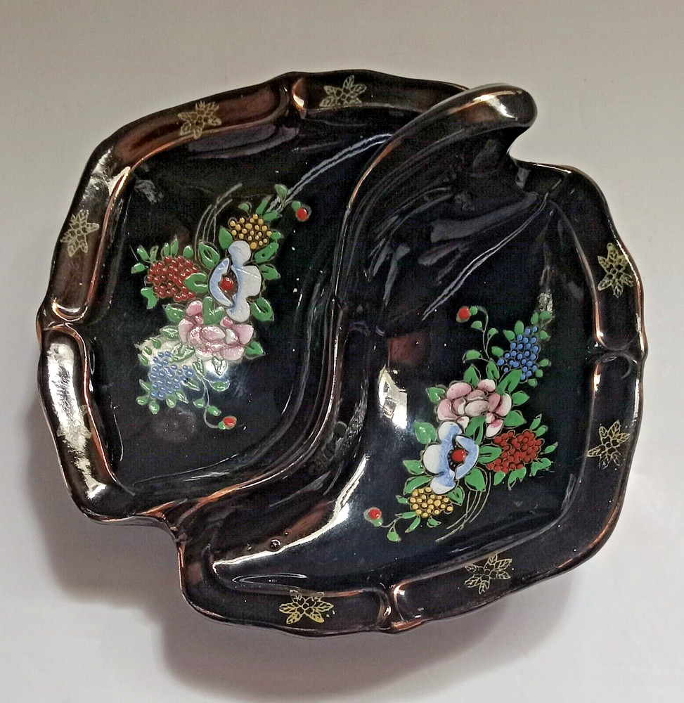 Divided Pottery Dish Handle Flowers Embossed 8 1/2"