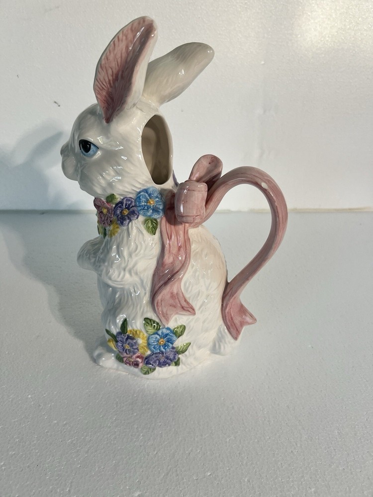 Ceramic White Easter BunnyPitcher Creamer Spring FloralDecor 12 Ounce