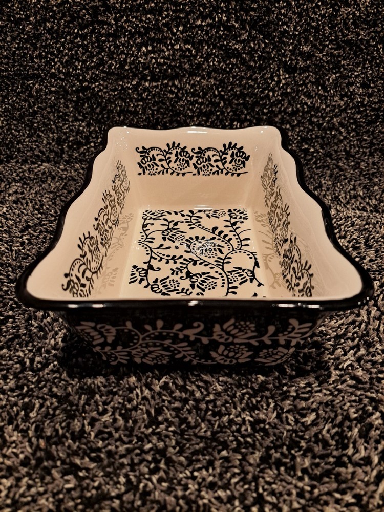 Stoneware Bread Pans, 2 Sizes - B&W Floral Pattern Glazed Ceramic Bakeware Set