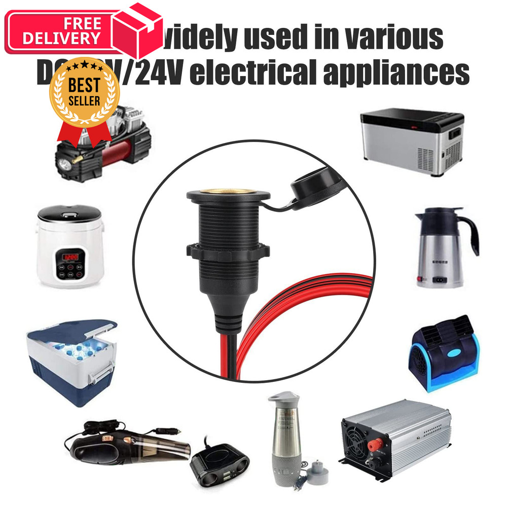 Dongge 12V/24V Fixed Thread Cigarette Lighter Socket Extension Cable 10 FT