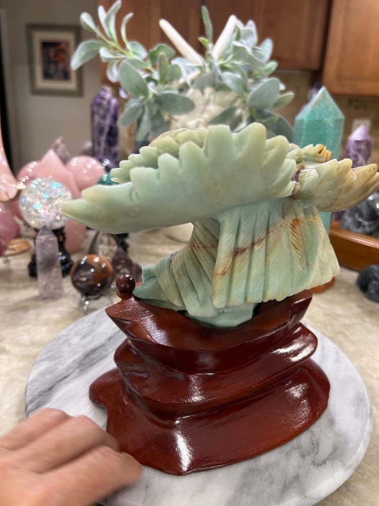 Amazonite Eagle hand carved on custom wood stand