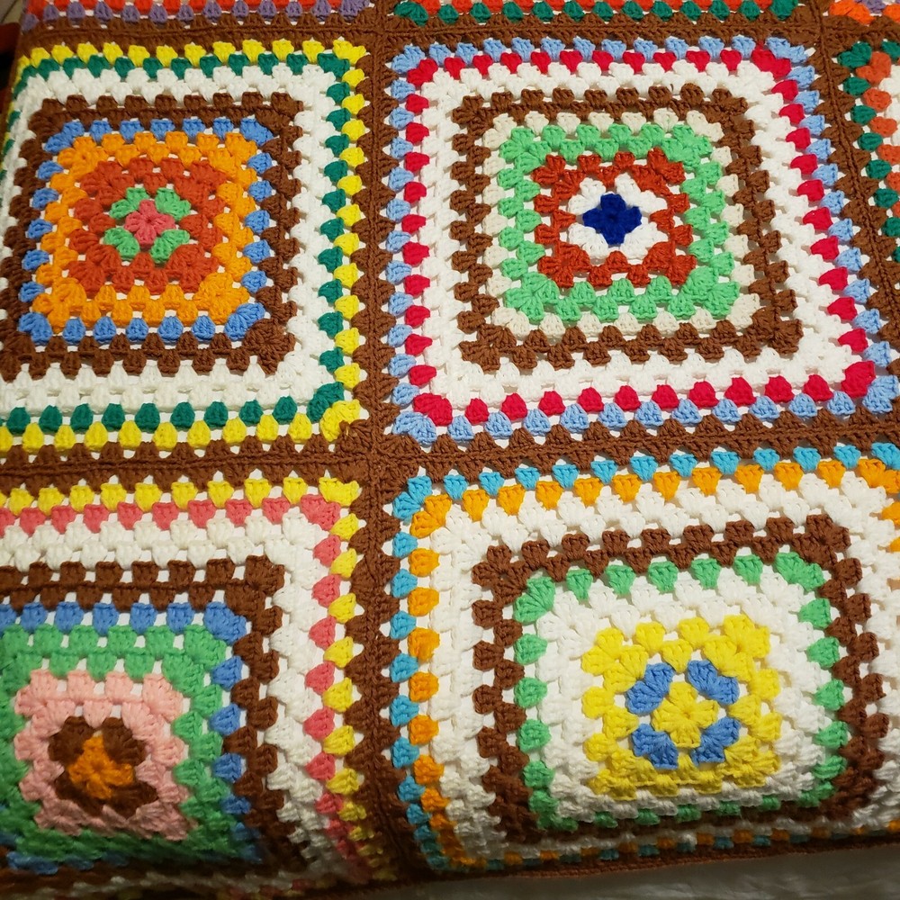 Hand Made Granny Square Afghan Bedspread Blanket Multi Colored Background 64x77