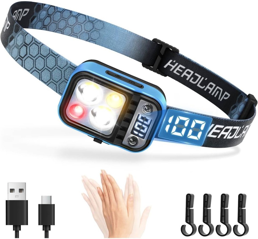 Headlamp Rechargeable LED, 5 Modes USB C Headband Flashlight with Motion Sensor