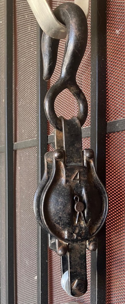 Antique hand forged #4 wrought iron working pulley hook