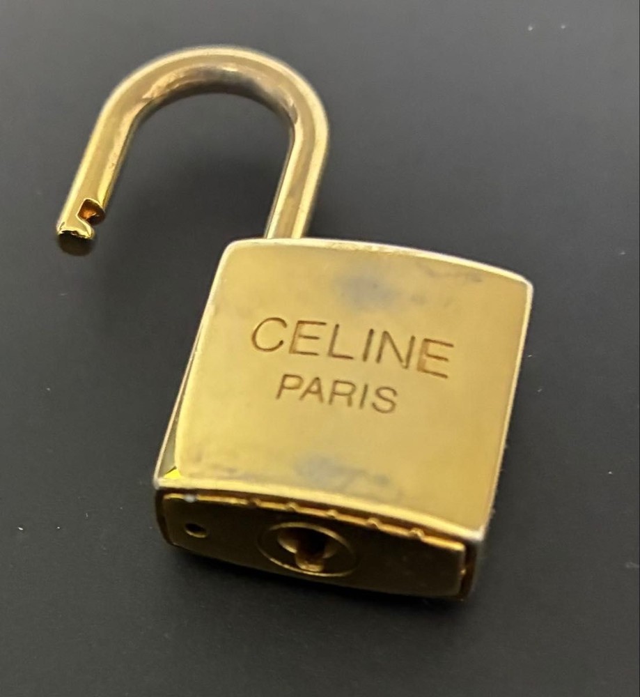 Authentic Celine Gold Lock & Key with Leather Case Padlock Cadena
