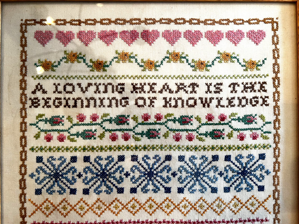 Vint Finished Completed Framed Cross Stitch Colonial Sampler Needlepoint Linen