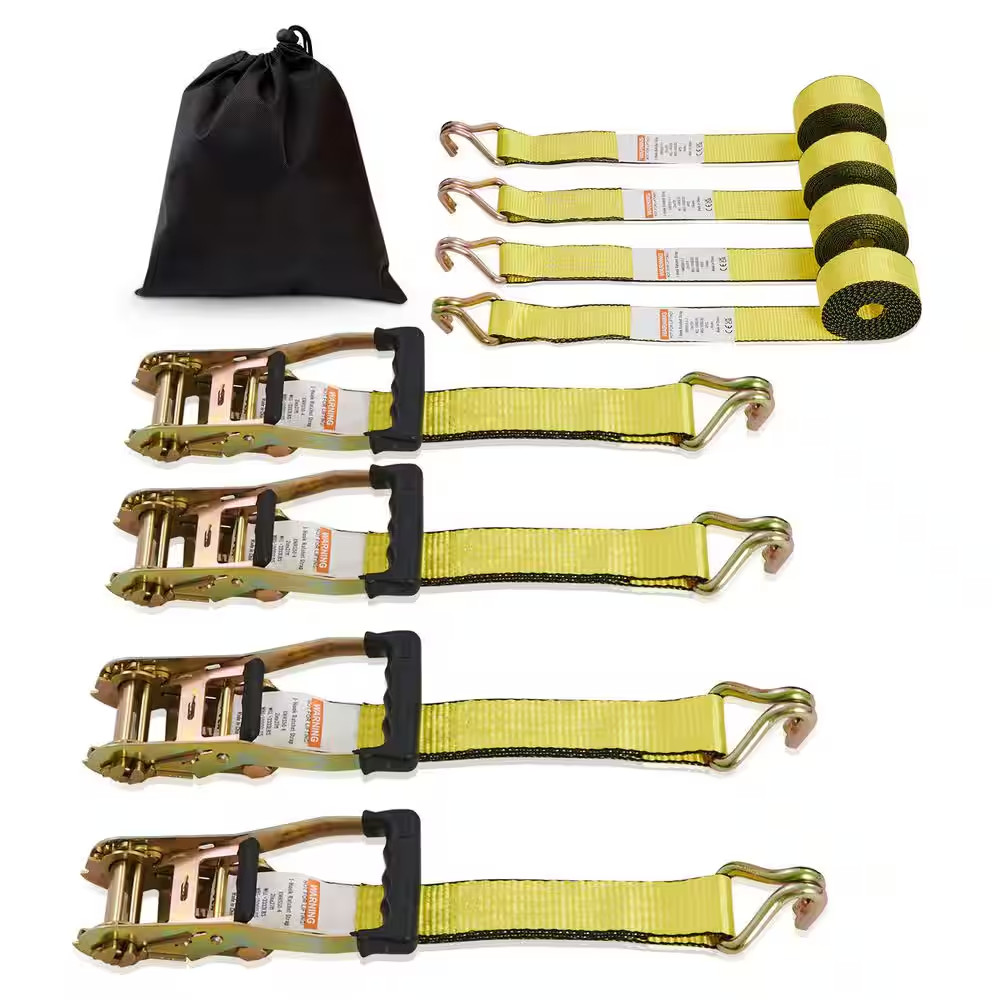 Ratchet Tie down Straps (4PK), 5000 Lb. Break Strength, Double J Hook Includes 4