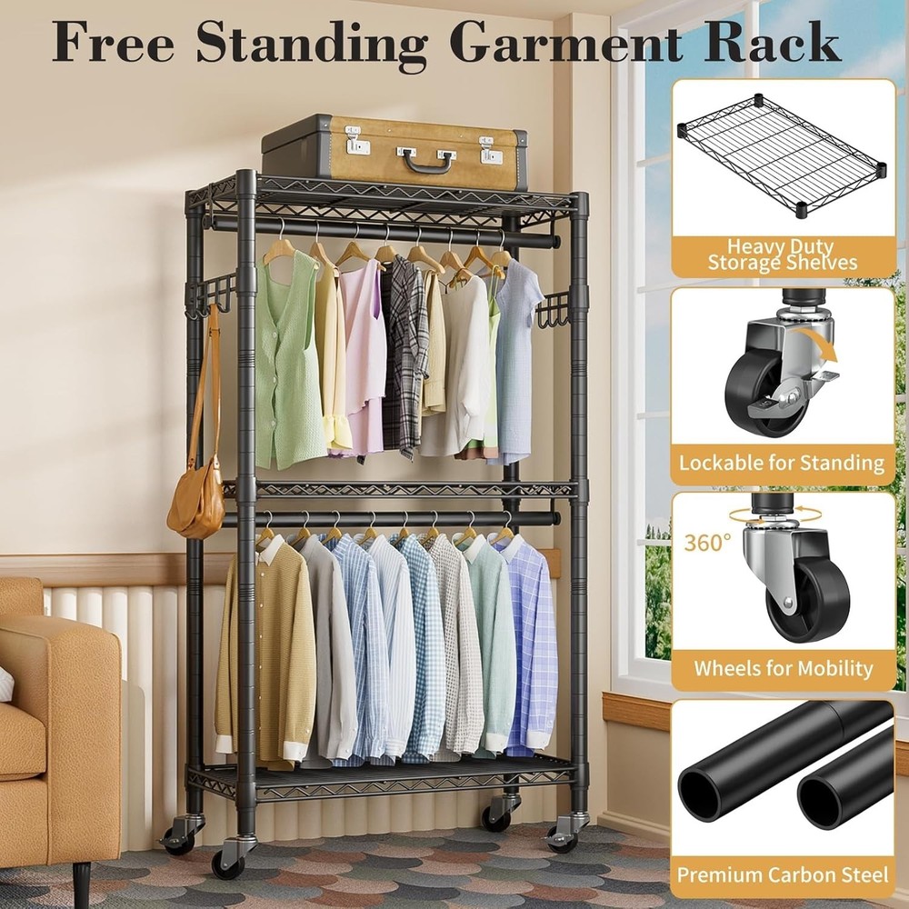 NEW Rolling Clothes Rack 3 Tier Adjustable Wire Shelving Double Rods Hooks