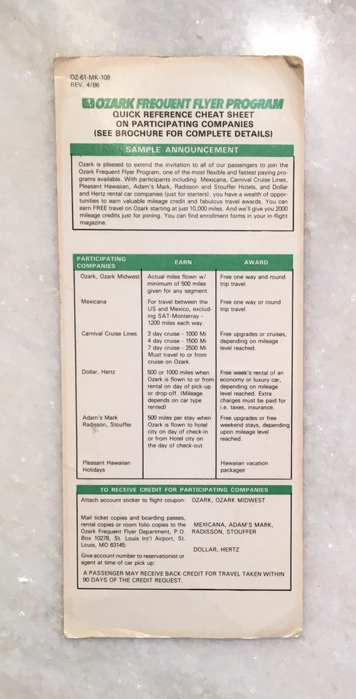 Vintage Ozark Airlines Frequent Flyer Program Quick Reference Laminated Card