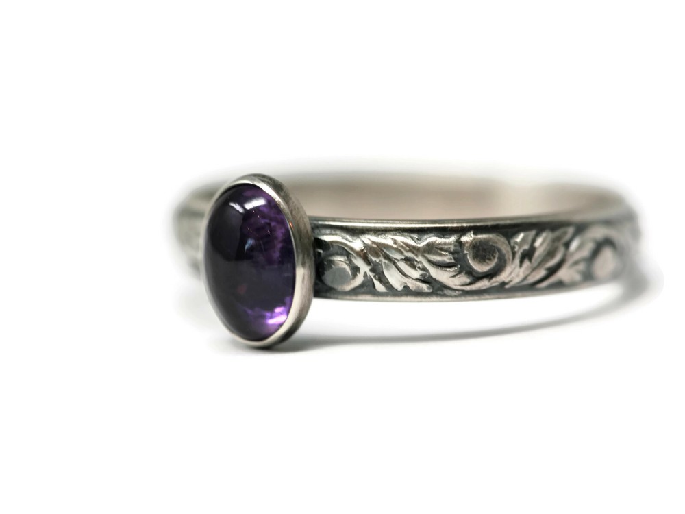 Oval Amethyst Ring Vine Pattern 925 Sterling Silver N-S