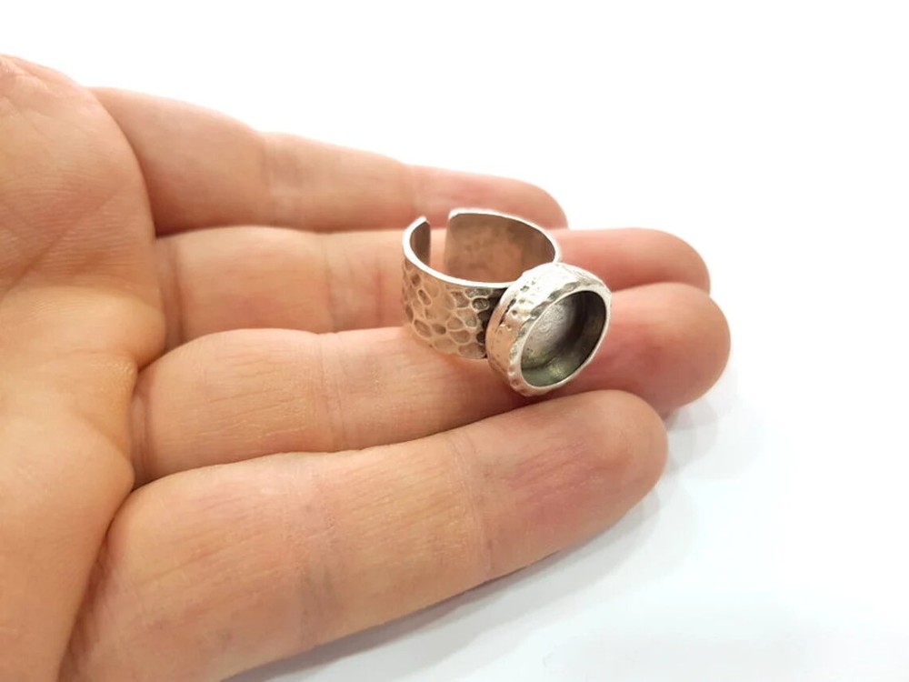 Hammered Ring Blank Setting Base Bezel inlay Backs Cabochon Antique Silver 12mm
