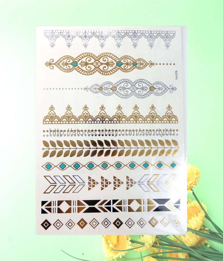 12 sheets gold silver metallic flash tattoo temporary tattoo