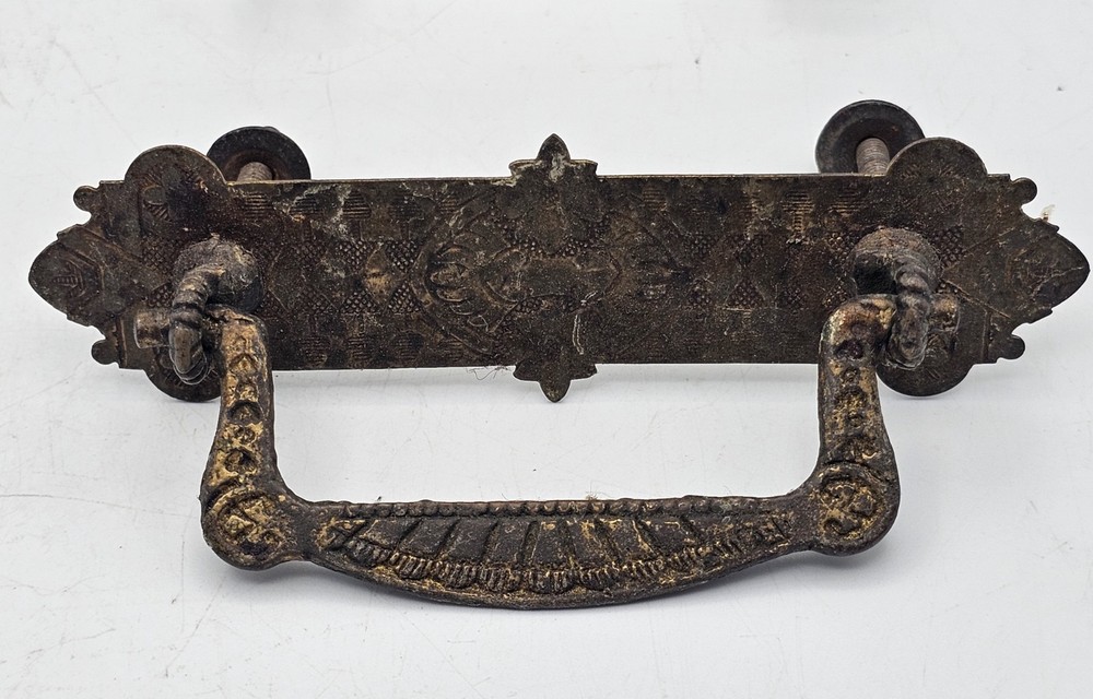 Antique Pressed Brass Drawer Pulls Ornate Gothis Style ~ 2 Pairs