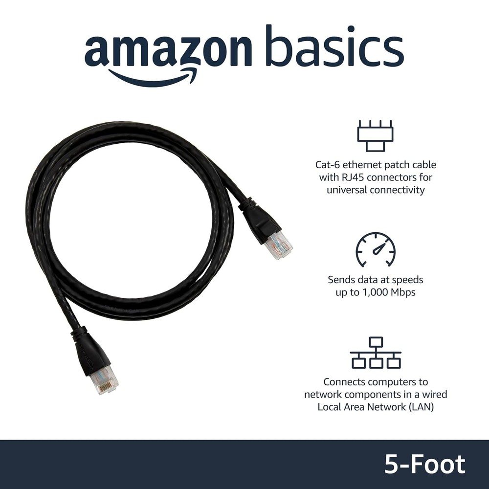 Amazon Basics RJ45 Cat 6 Ethernet Patch Cable for PC, TV, Tablet, 5 Foot