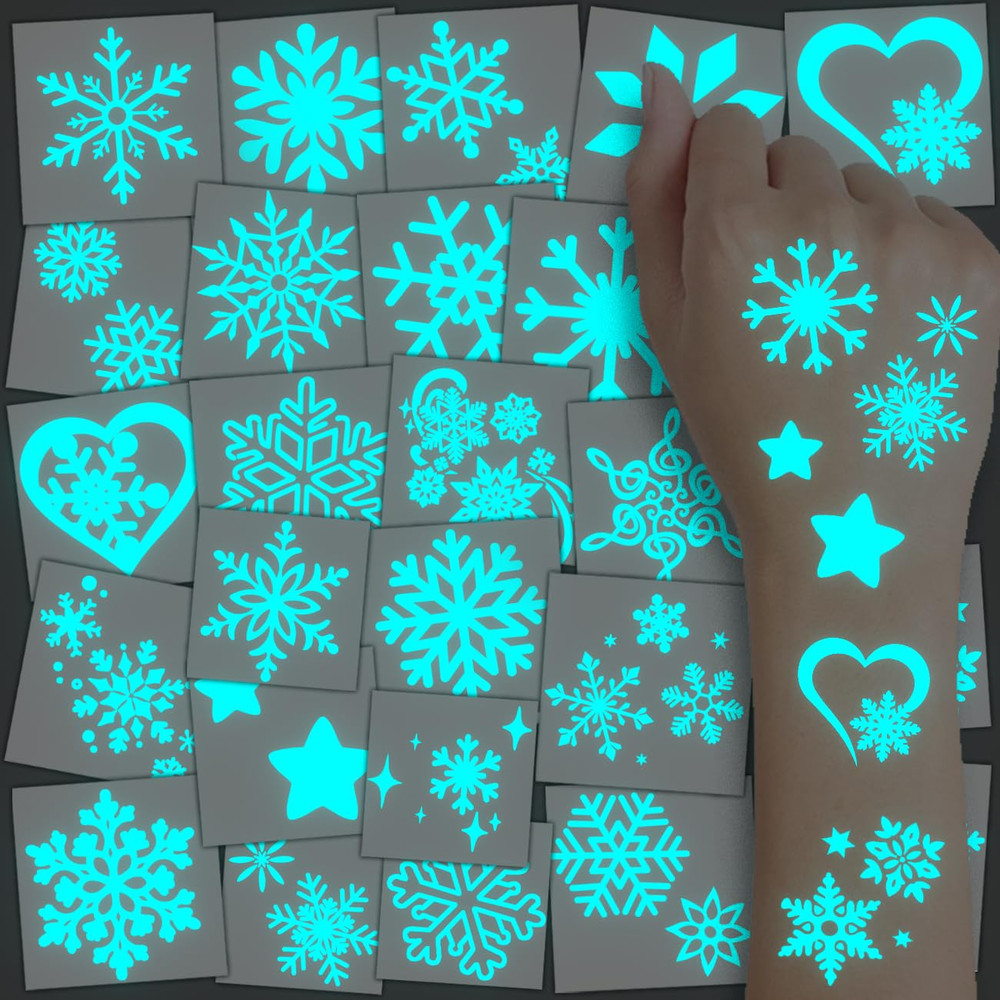 Blue Luminous Snowflake Temporary Tattoos - 74 Individually Sheets White Snowfla