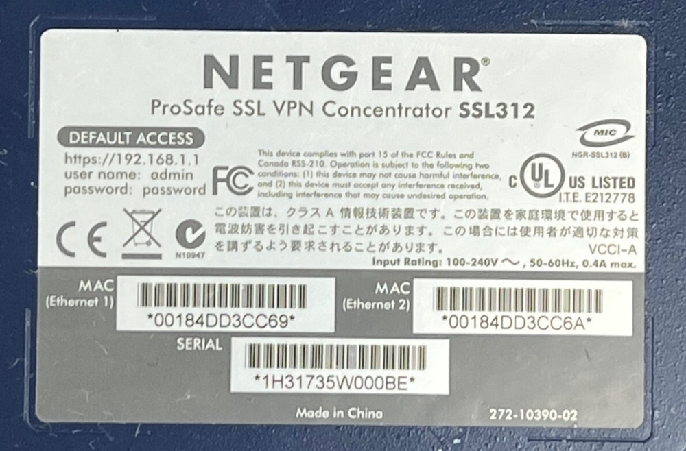 NETGEAR SSL312 PROSAFE SSL VPN CONCENTRATOR OAL 10"