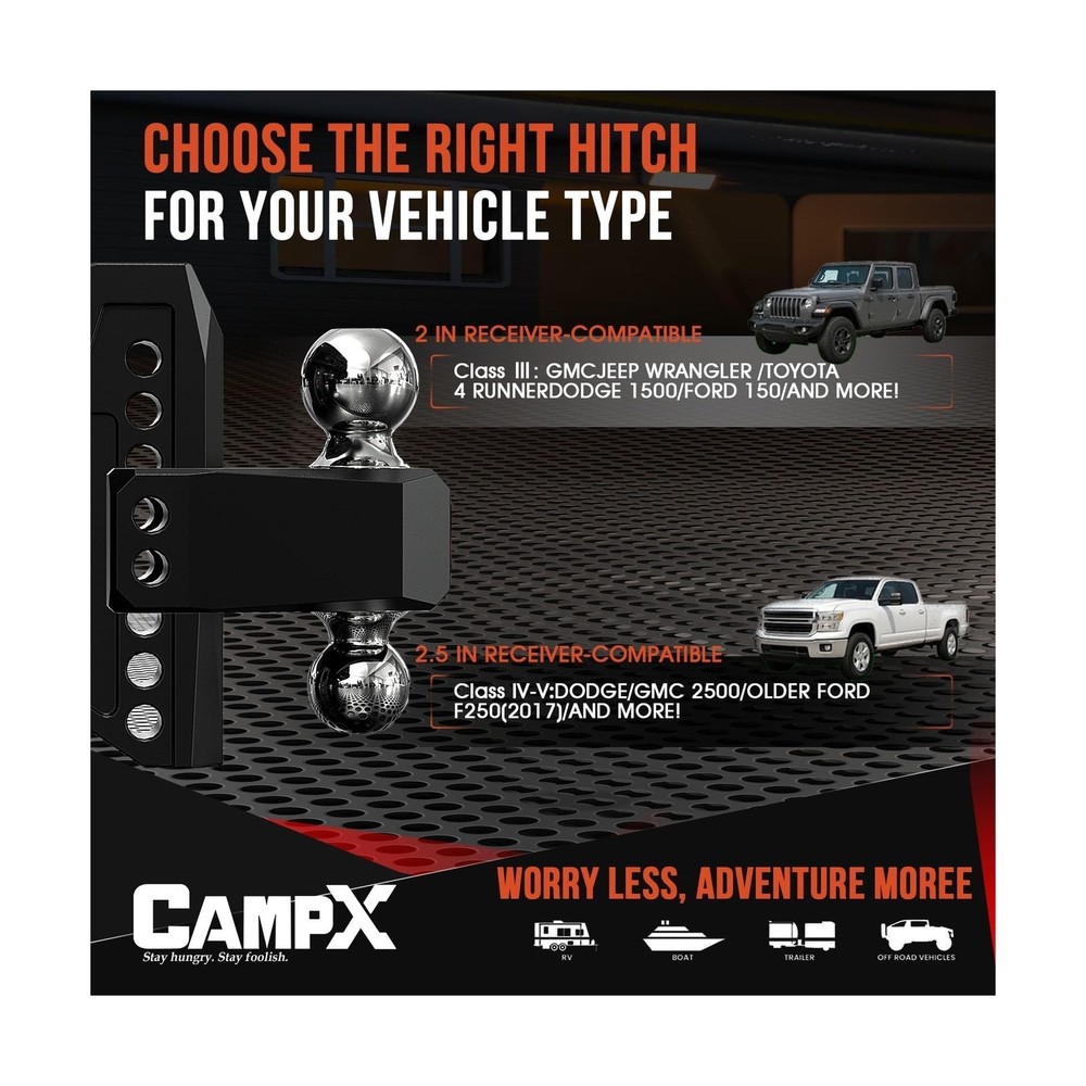 Adjustable Trailer Hitch Fits 2.5" Receiver, 6" Drop & Rise, Dual Solid Ball ...