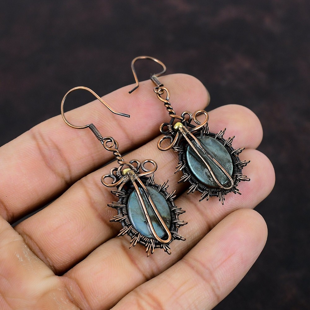 Labradorite Wire Wrapped Drop/Dangle Earrings Handcrafted Copper Ethnic 2.36"