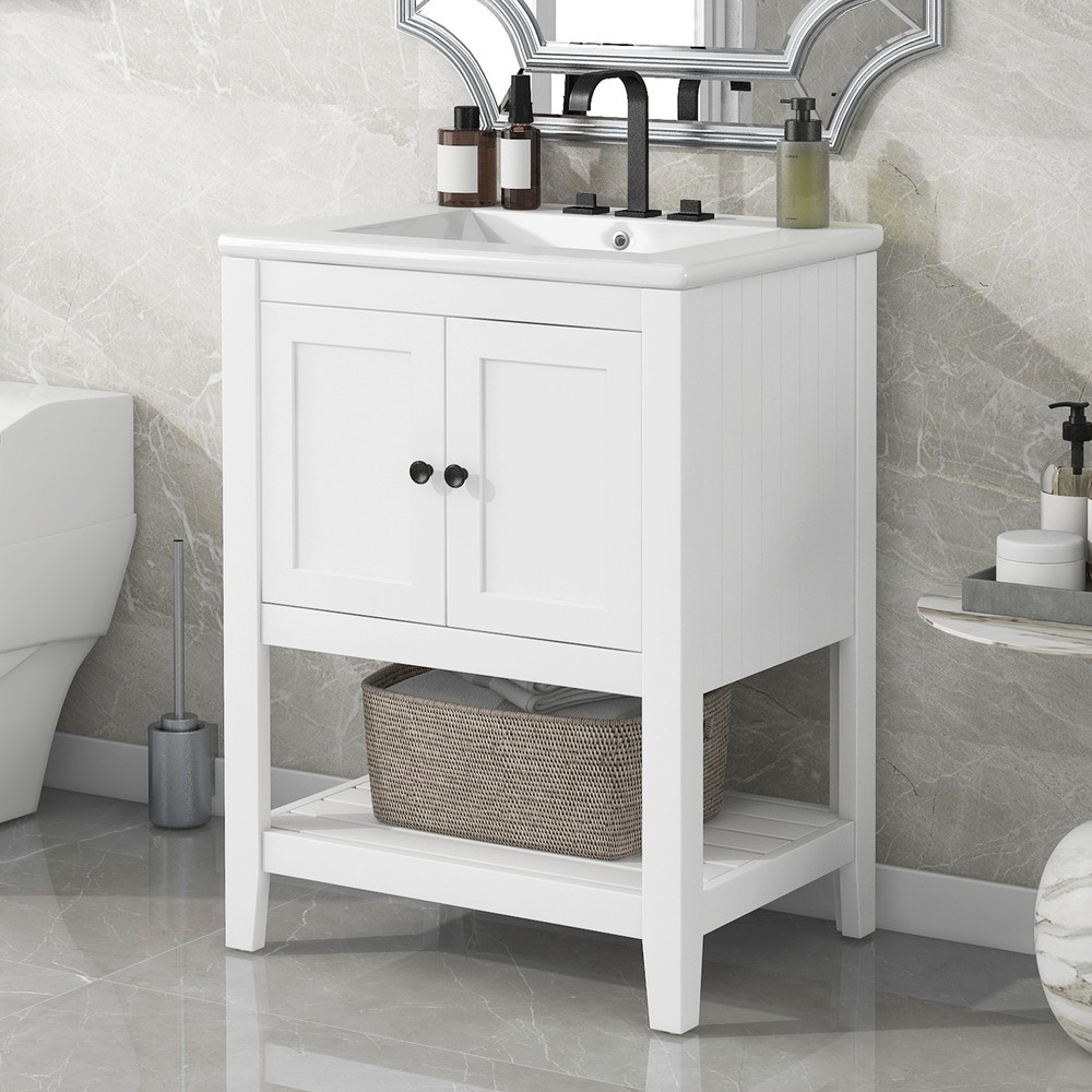 [VIDEO] 24" White Modern Sleek Bathroom Vanity Elegant Ceramic Sink with Solid W