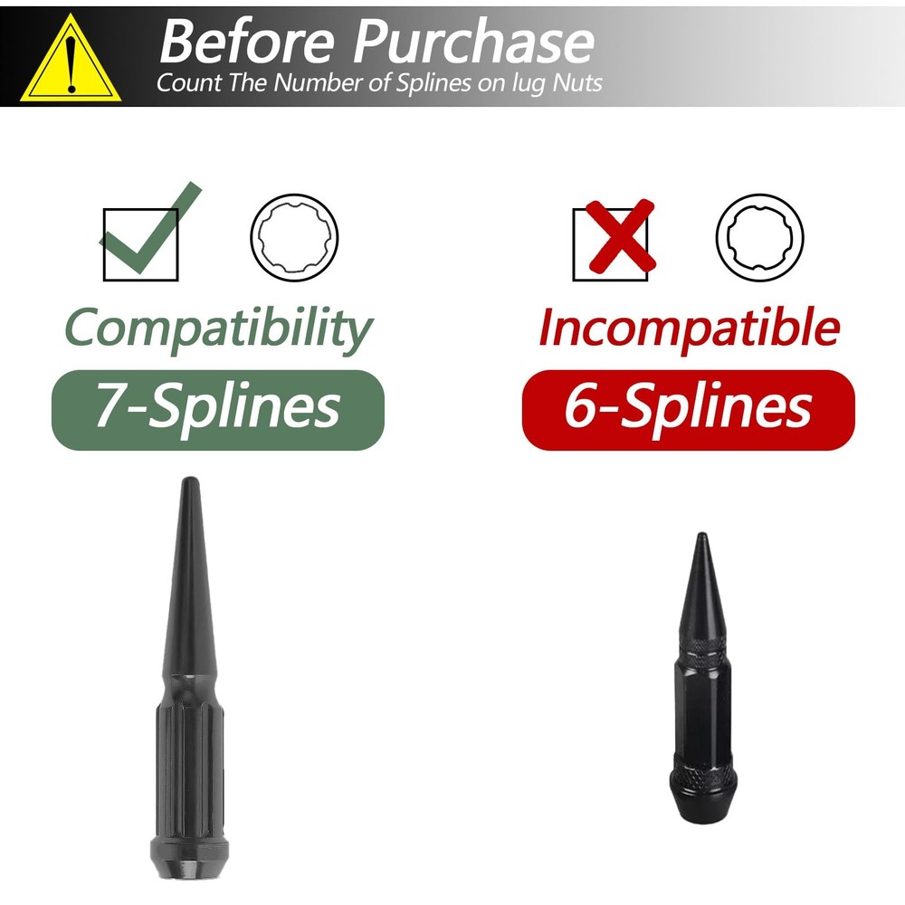 Spike Lug Nuts Socket Key with 7 Spline, Spiked Nut Full Size, Black