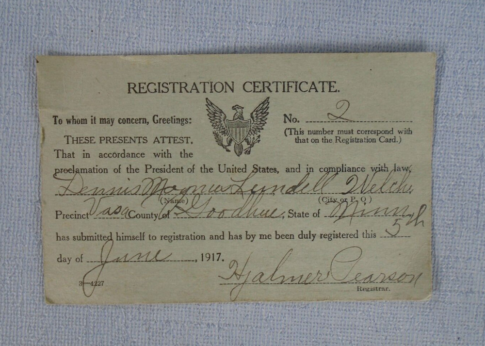 US Army 1917 registration certificate
