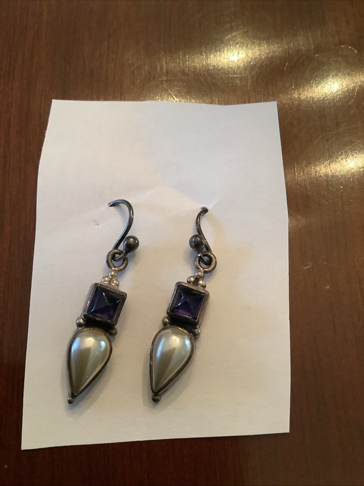 Native American Pearl With Iolite Earrings