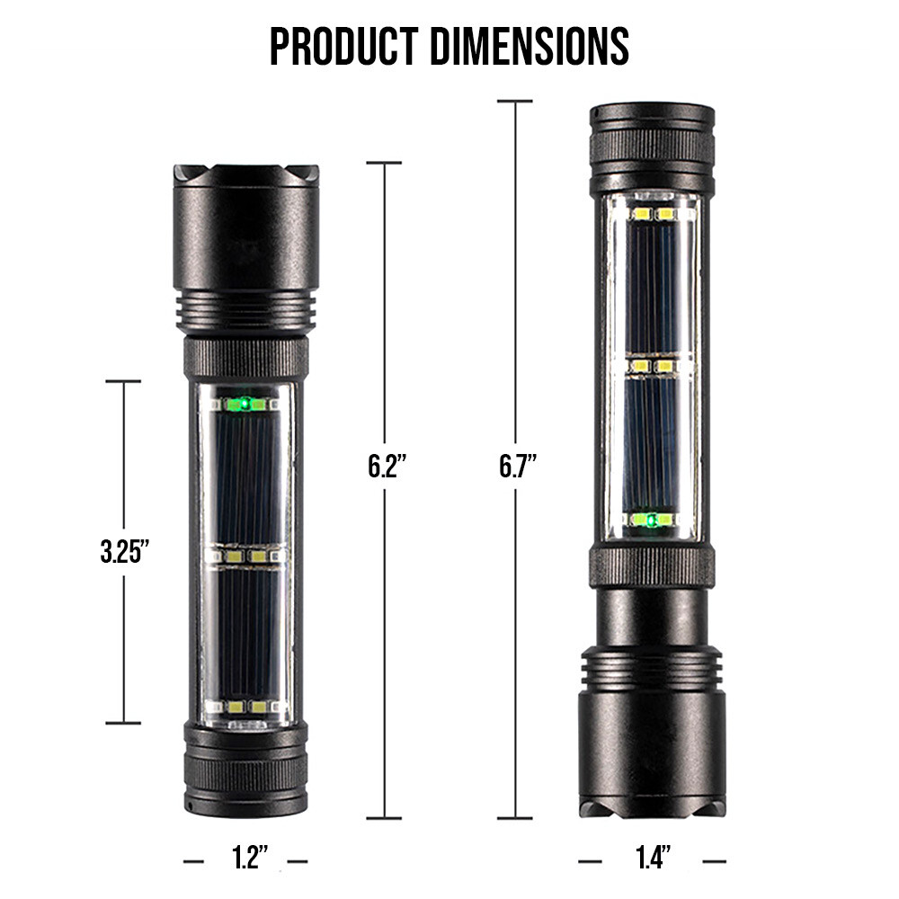 Solar/Rechargeable 600 Lumen LED Flashlight with Adjustable Focus, 2000MaH