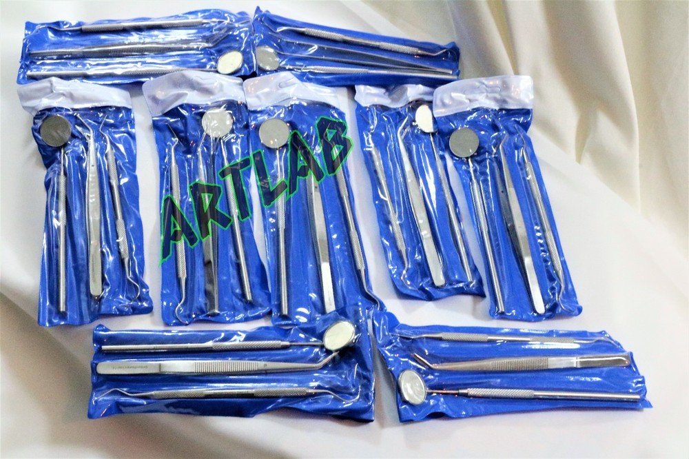 4 GERMAN BASIC DENTAL SETS- EXPLORER PROBE+DENTAL MIRROR+COLLEGE COTTON PLIER