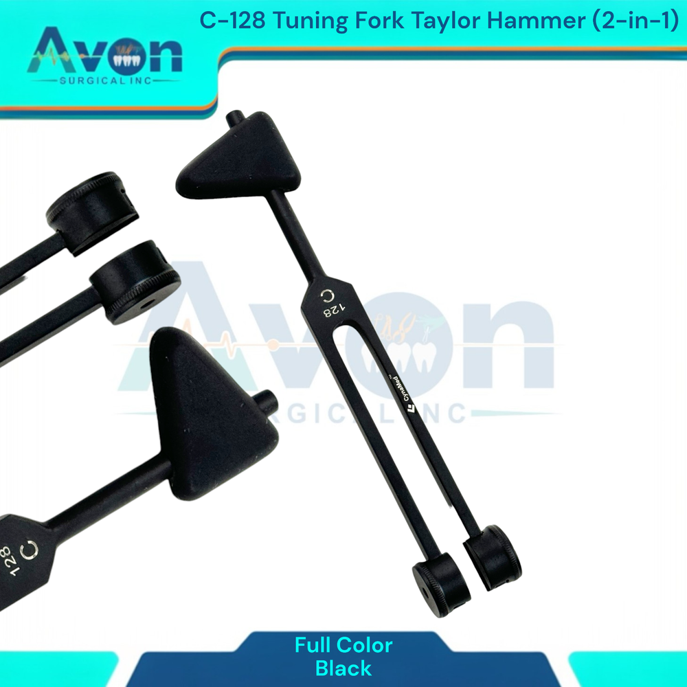 Black Colored Tuning Fork Taylor Percussion Hammer Combo 2-in-1, C-128 Frequency