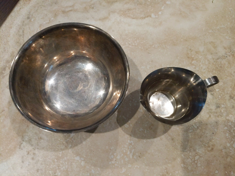2 Stainless Steel Bowls + Small Pitcher, NEEDS EXTREME CLEANING & RUST REMOVAL