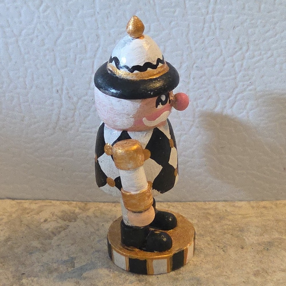 Mini Nutcracker Gold White Black Checked Hand Painted Folk Wood 2 5/8" Signed