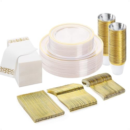 175PCS Disposable Dinnerware Set for Plastic Plates for 25 Guests Clear Gold