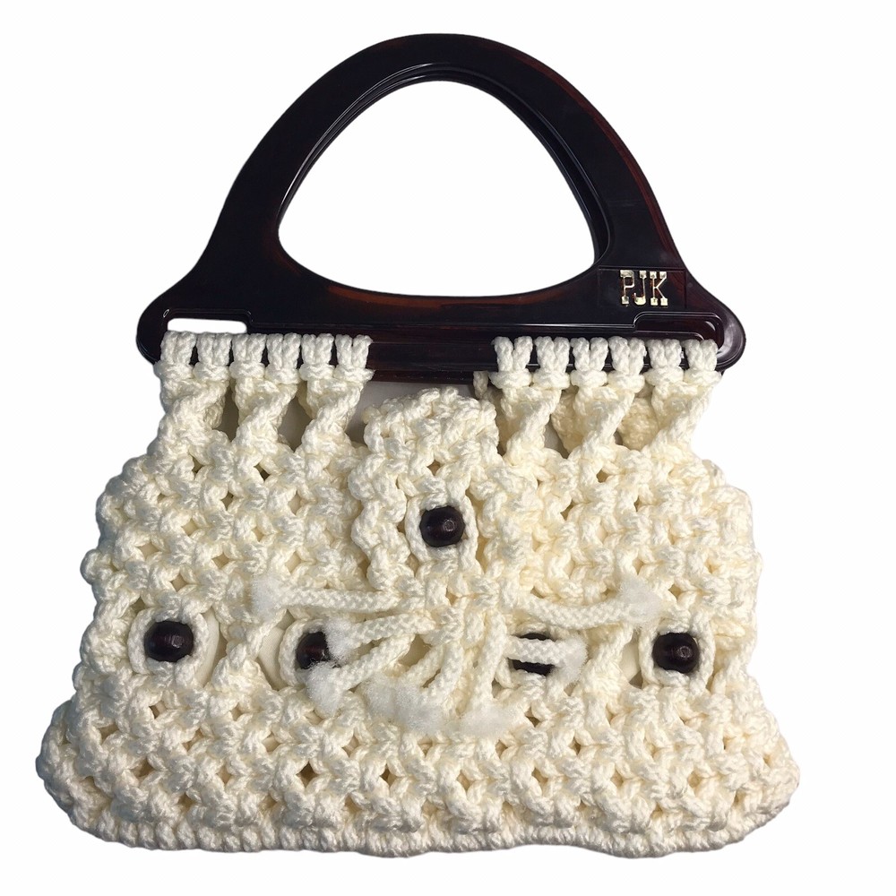 Vintage 70's Macrame Purse Ivory Plastic Handle Initials Boho Chic