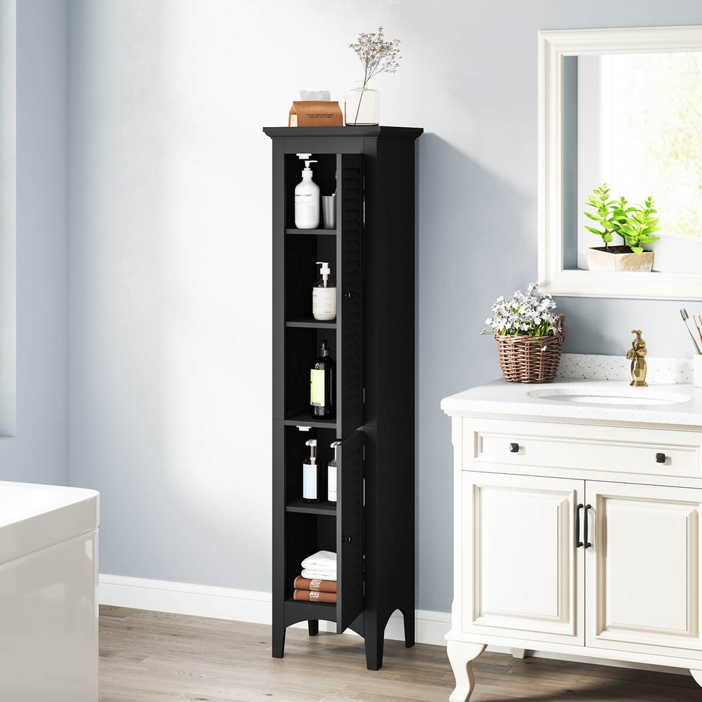 63” Tall Bathroom Cabinet w/ 2 Louvered Doors & Adjustable Shelf, Elevated Legs