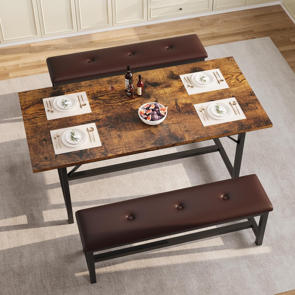 Dining Table Set for 4,63" Large Extendable Dining Room Table Set with 2 Benches