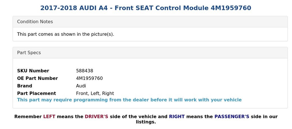 2017-2018 AUDI A4 - Front SEAT Control Module 4M1959760