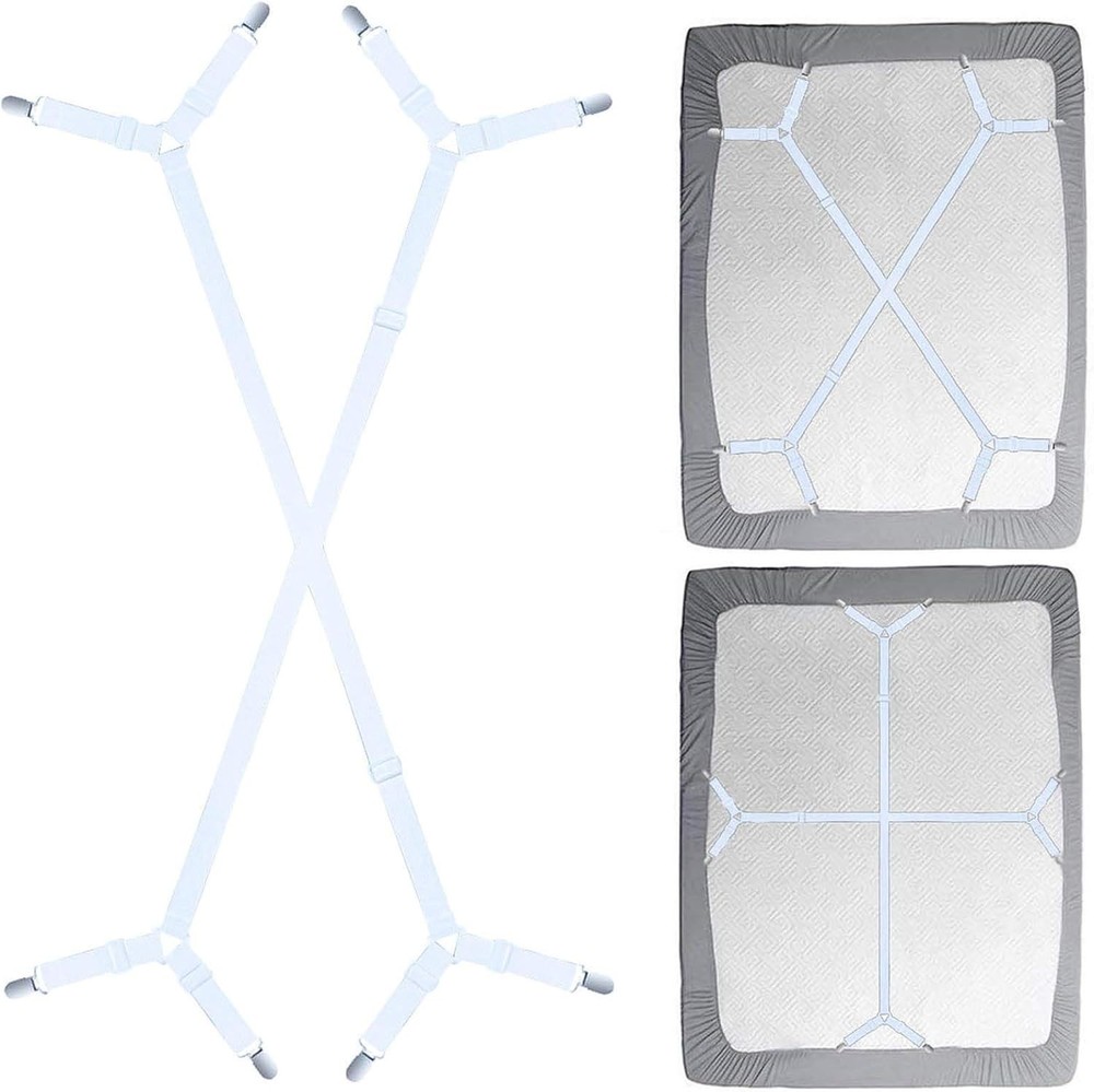 Adjustable Bed Sheet Fasteners with Nickel Plated Clips - 2Pcs Set White