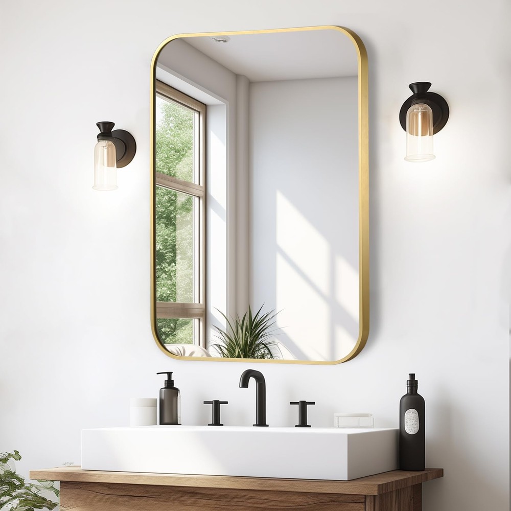Brushed Gold Mirror, 22"x30" Rectangle Bathroom Mirror, Metal Frame Rectangle...