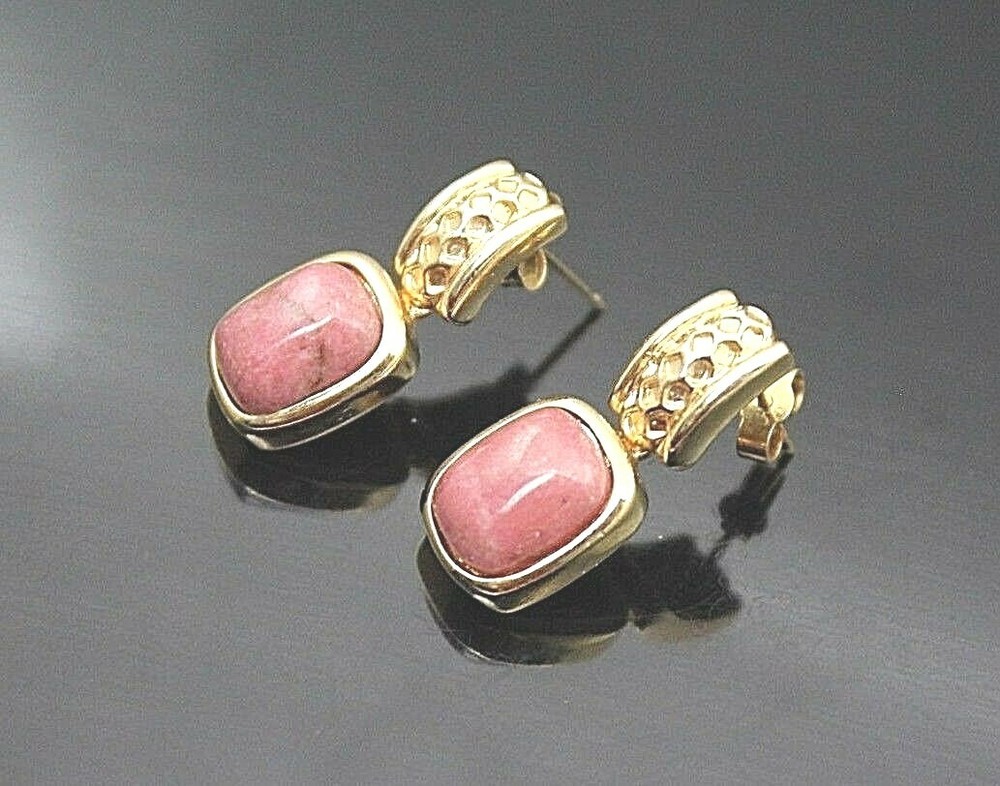 CUTE RHODONITE GOLD PLATED DANGLE POST EARRINGS