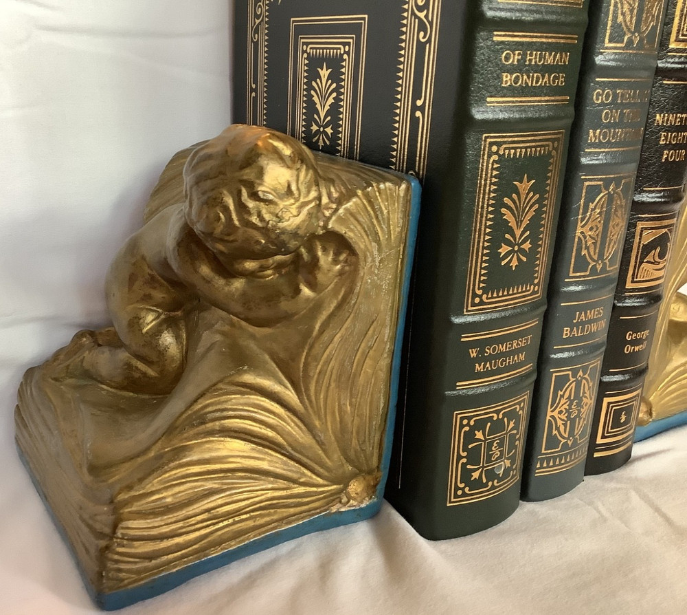 Antique Armor Bronze Cherub Putti Bookends, Signed A Johnson c1920, EUC!