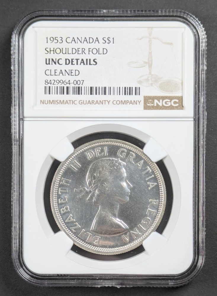 1953 Canada Silver Dollar Shoulder Fold NGC UNC Details Cleaned