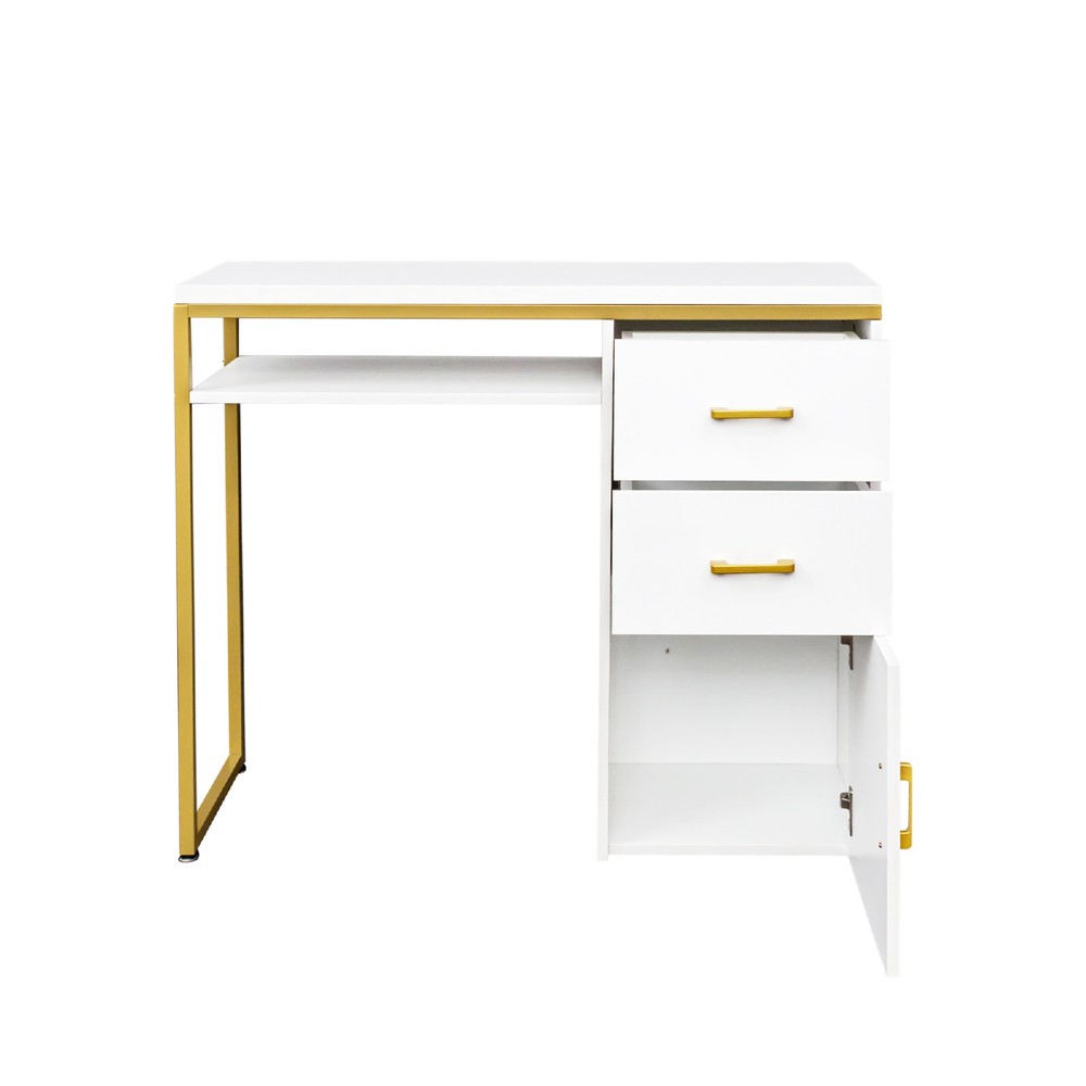 Modern Computer Desk With 2 Drawers And Cabinet White Vanity Study Writing Table
