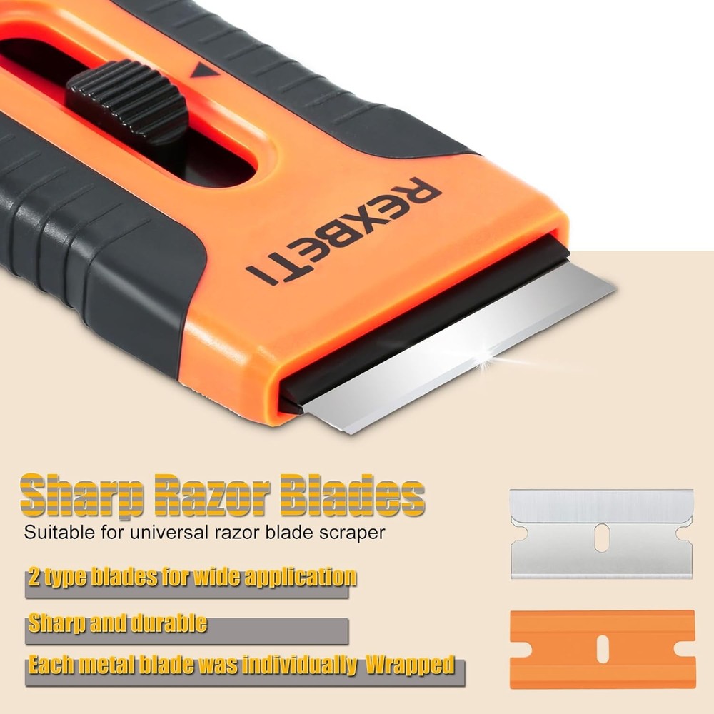 REXBETI Razor Blade Scraper Tool, 2 Pack Razor Scraper Set with Extra 80Pcs Razo