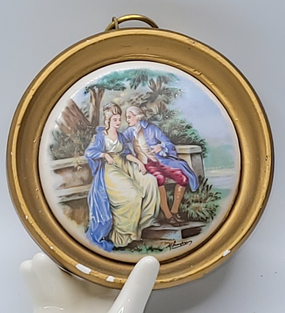 Victorian Hand Painted Courting Scene Tile • Chalkware Frame Wall Plaque •Signed