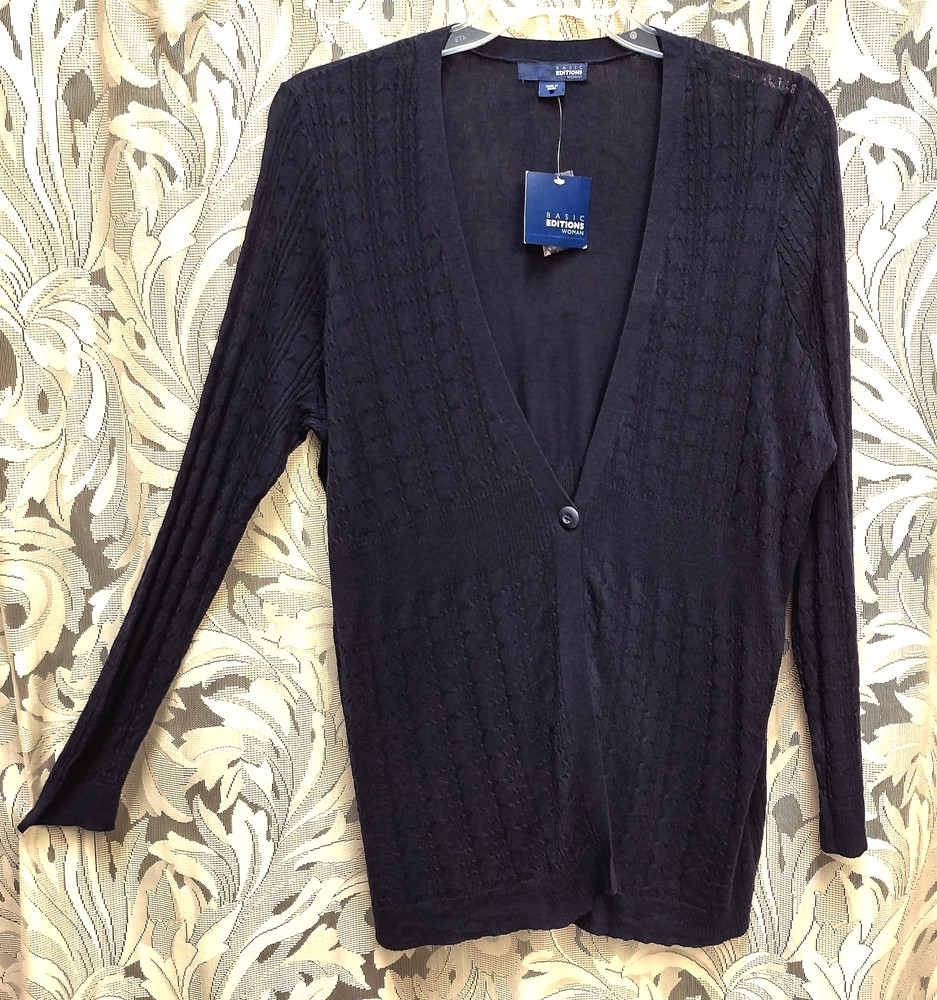 2X BASIC EDITIONS NAVY BUTTON FRONT MIXED KNIT CROCHET PEPLUM CARDIGAN SWEATER